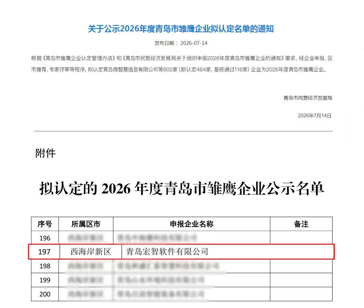 青岛宏智成功获评2026年度青岛市“雏鹰企业”